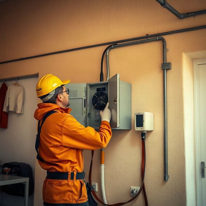 Electricista montando equipo EVSE en pared de garaje