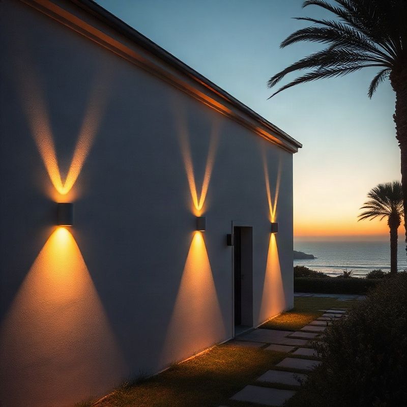 Luminarias exteriores IP65 en fachada residencial en la costa uruguaya al atardecer