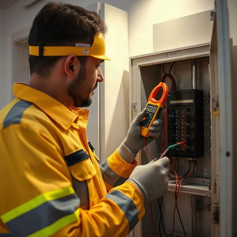 Electricista midiendo corriente con pinza amperométrica en un tablero nuevo